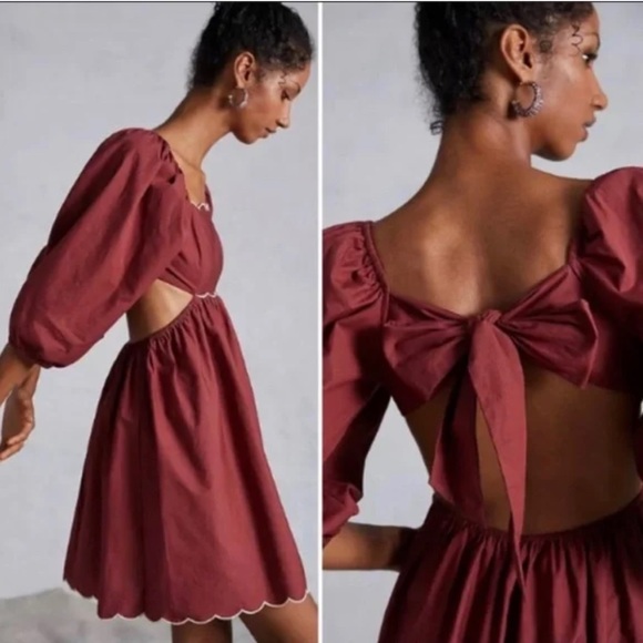 Anthropologie Dresses & Skirts - Anthropologie Burgundy Forever That Girl Scalloped Mini Cut Out Puff Sleeve XL